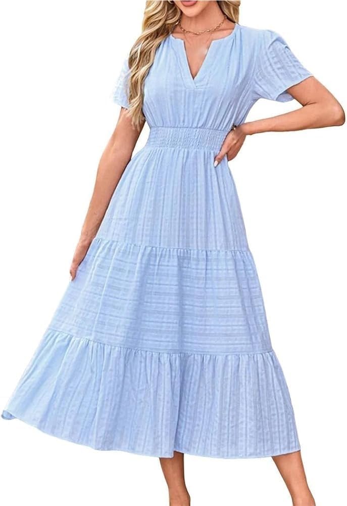 Women\u2019S Solid V Neck Maxi Dress Summer Pleated Large Swing Short Sleeve Elastic Waist Lined Pockets Robe Dresses - Image 2