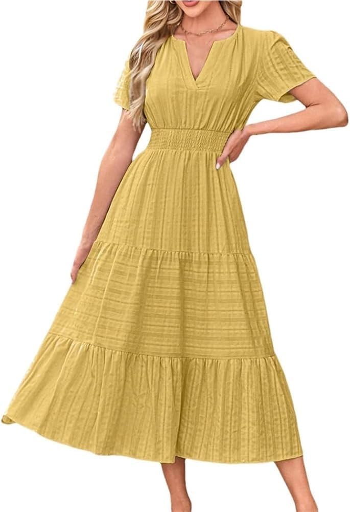 Women\u2019S Solid V Neck Maxi Dress Summer Pleated Large Swing Short Sleeve Elastic Waist Lined Pockets Robe Dresses - Image 4