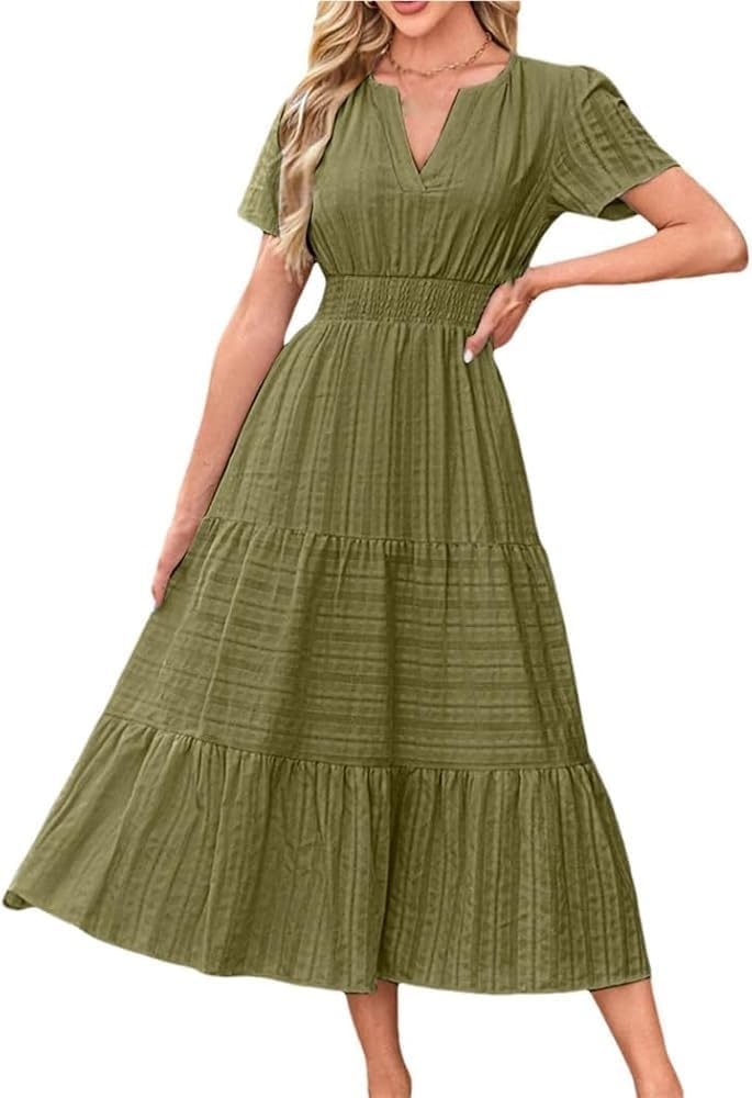 Women\u2019S Solid V Neck Maxi Dress Summer Pleated Large Swing Short Sleeve Elastic Waist Lined Pockets Robe Dresses - Image 3