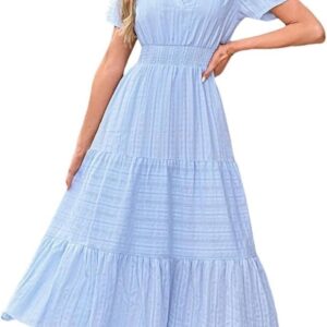 Women\u2019S Solid V Neck Maxi Dress Summer Pleated Large Swing Short Sleeve Elastic Waist Lined Pockets Robe Dresses