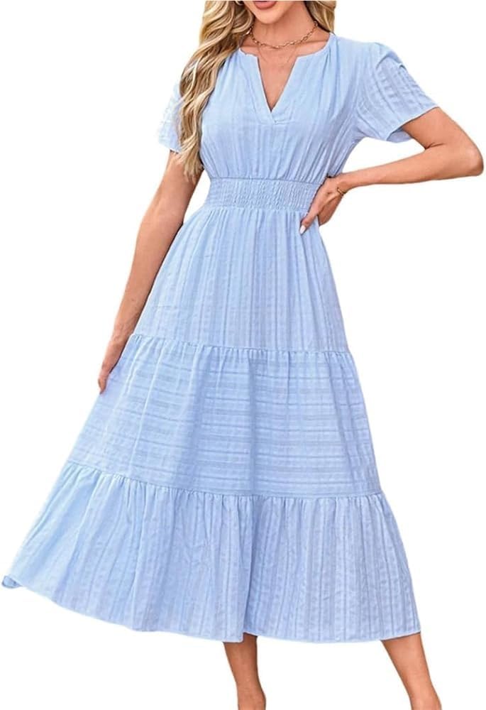 Women\u2019S Solid V Neck Maxi Dress Summer Pleated Large Swing Short Sleeve Elastic Waist Lined Pockets Robe Dresses
