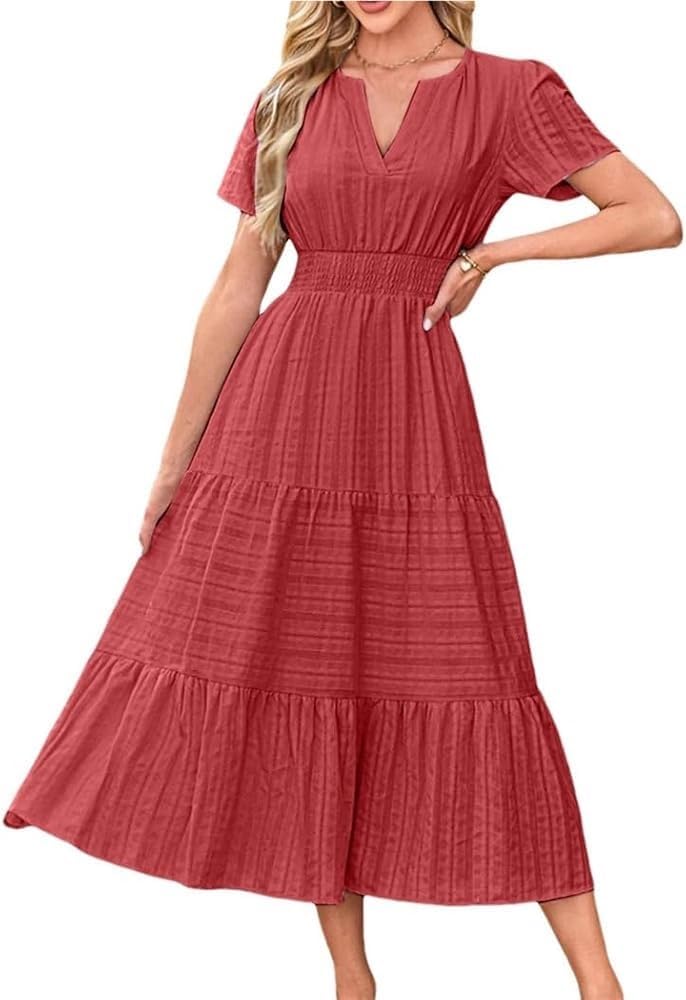 Women\u2019S Solid V Neck Maxi Dress Summer Pleated Large Swing Short Sleeve Elastic Waist Lined Pockets Robe Dresses - Image 5